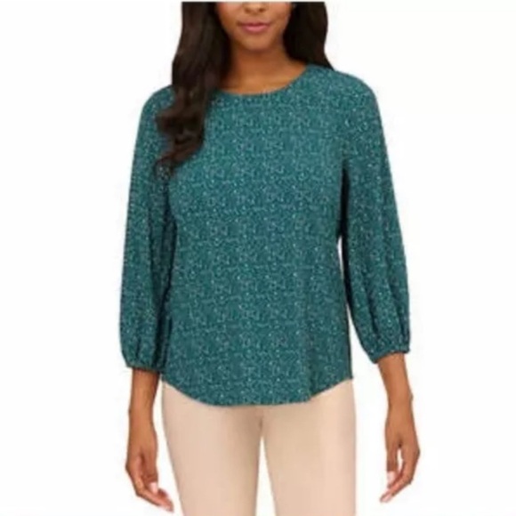 ADRIANNA PAPELL Printed 3/4 Sleeve Blouse Green W Black & White Spots - Picture 1 of 8